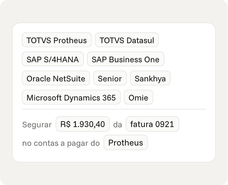 TOTVS Protheus, TOTVS Datasul, SAP S/4HANA, SAP Business One, Oracle NetSuite, Senior, Sankhya, Microsoft Dynamics 365 e Omie